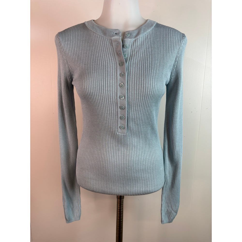 H&M Henley Sweater Small Light Blue Ribbed Knit Long Sleeve Slim‎ Fitted Womens